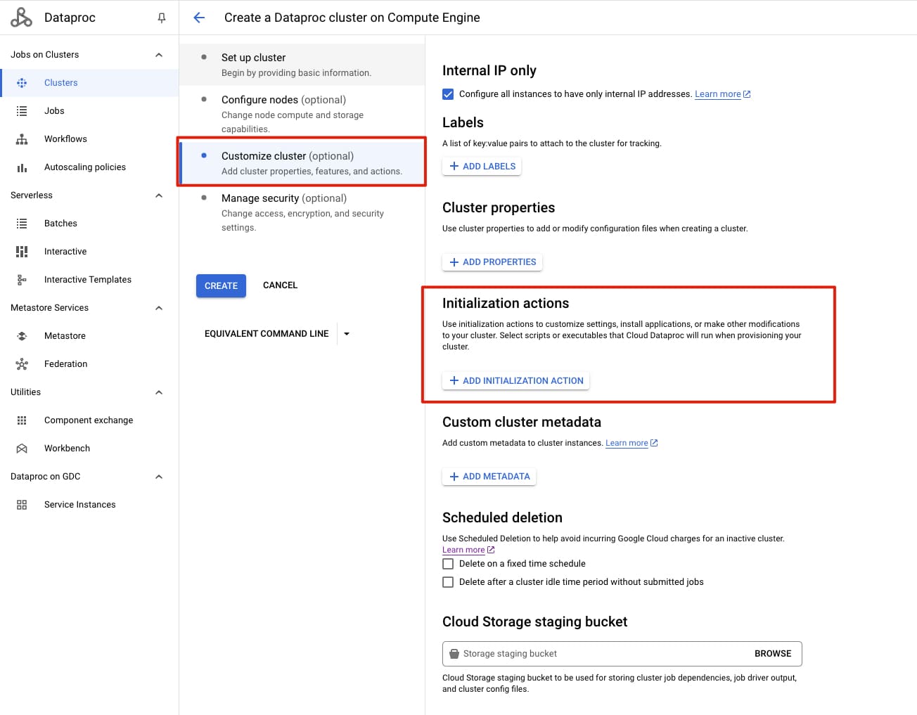 set initialization actions on google cloud console